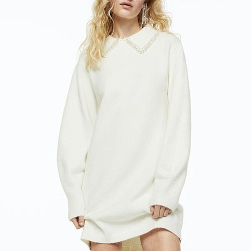 H&M Off White Knit Sweater Dress Pearl Bead Peter Pan Collar Large - Picture 2 of 16
